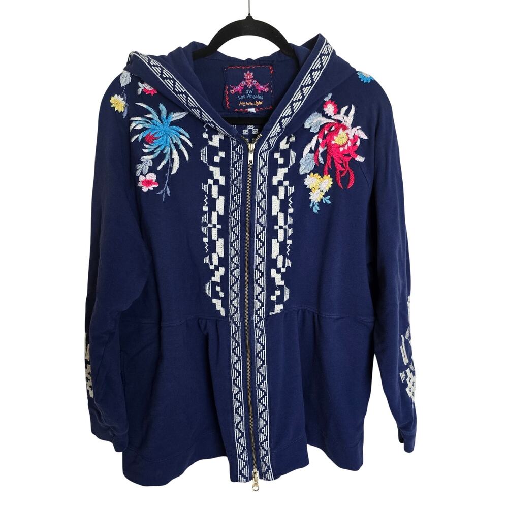 Johnny Was Embroidered Navy Blue Hoodie Sweatshirt